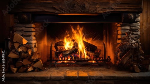 Burning fireplace, close-up. Cozy atmosphere of a winter evening. AI generation. 