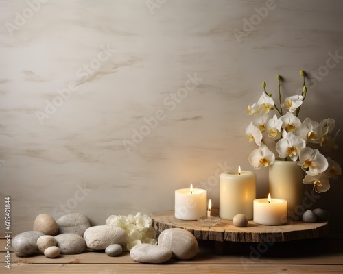 Spa card, candles, stones, flowers. Place for text. AI generation. 