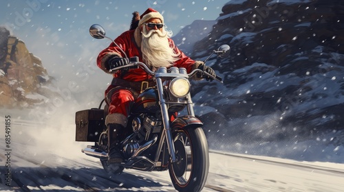 An unusual biker Santa Claus rides a fast motorcycle. AI generation. 