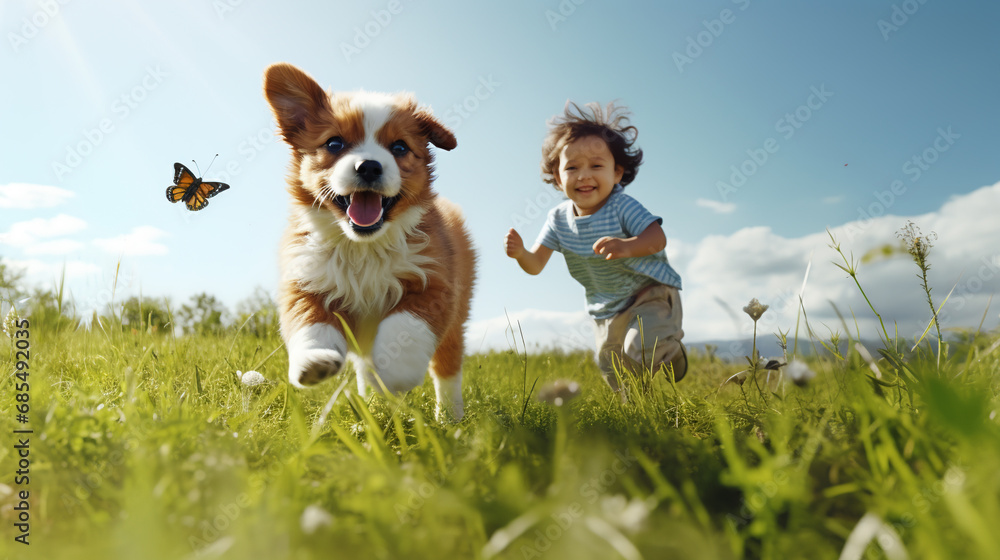 Dog with kid running lawn on house background. - obrazy, fototapety, plakaty 