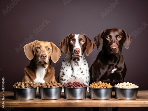 Cute Dog sitting near bowl with dry food for eating at home. Adorable pet at bright background