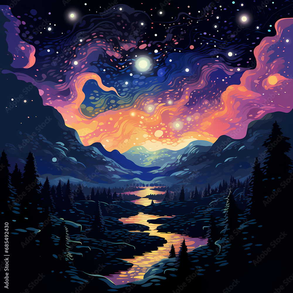 a celestial landscape with stars, planets, and cosmic elements.