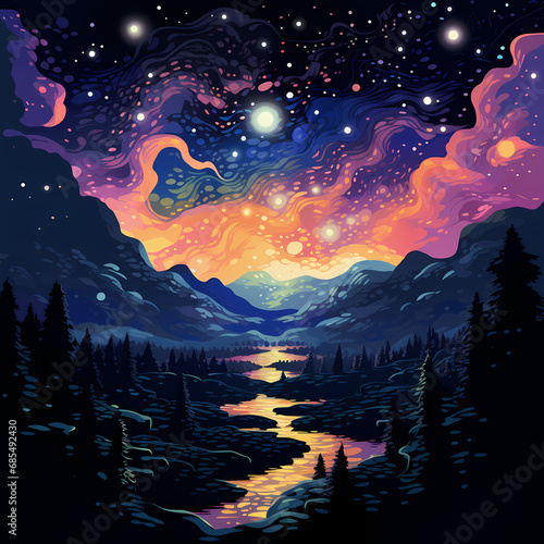 a celestial landscape with stars, planets, and cosmic elements.