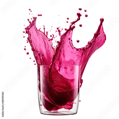 Beetroot juice splashing from a transparent water glass on white background. photo