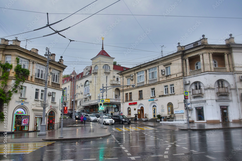 Rainy day on the city square in Sevastopol