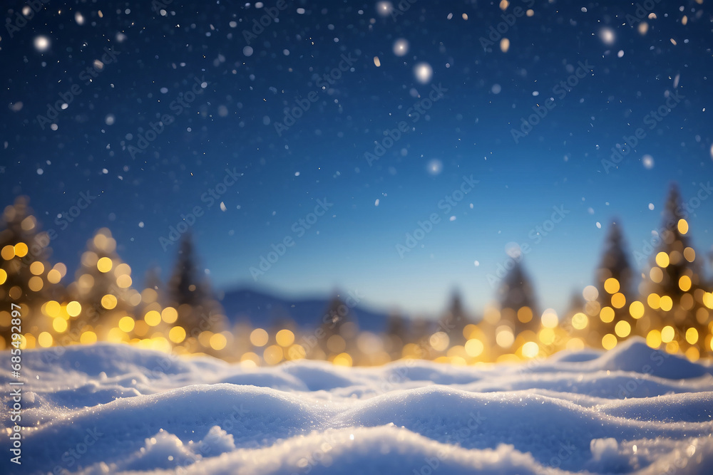 Fototapeta premium Snowdrift and defocused Christmas lights. Festive Christmas natural snowy landscape. Snow background with Copy space.