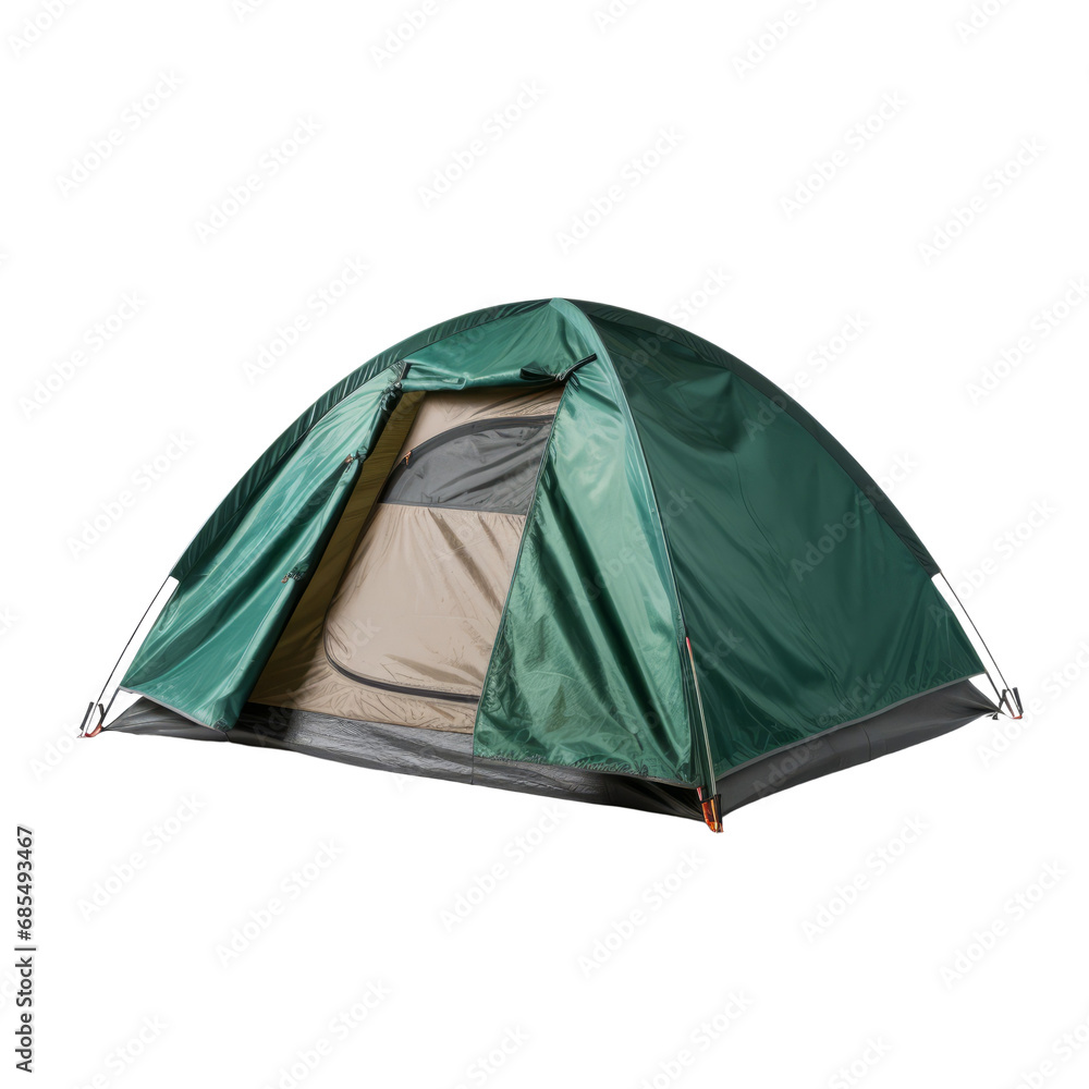A vibrant camping tent set up on a plain transparent background. Ideal for product placement. A vibrant camping tent set up on a plain transparent background. Ideal for product placement.