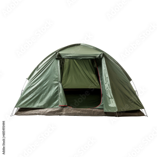 A vibrant camping tent set up on a plain transparent background. Ideal for product placement.