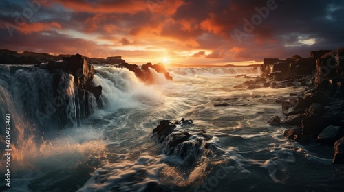 Sunset over the tranquil coastline, waves crashing on rocky cliffs. Generative AI