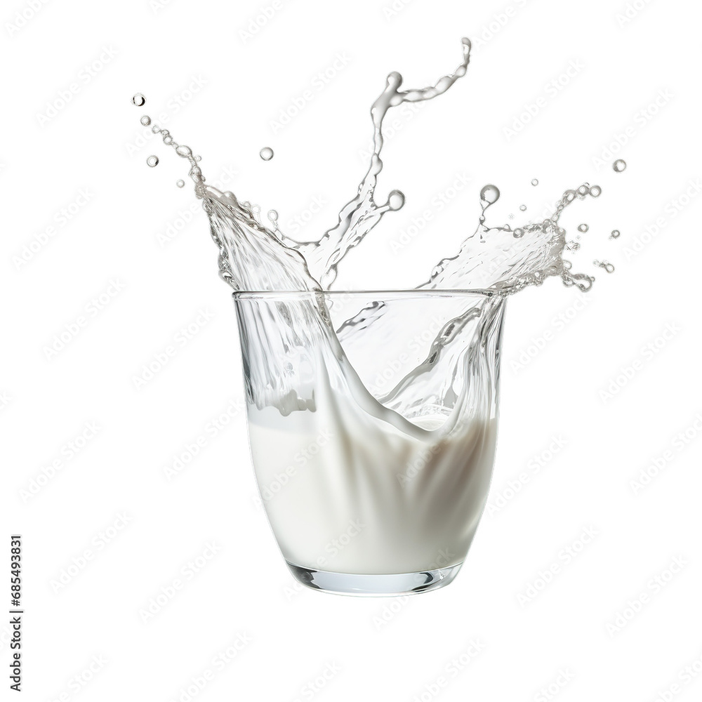 Natural dairy product, yogurt or cream splash with flying drops from a glass on white background.