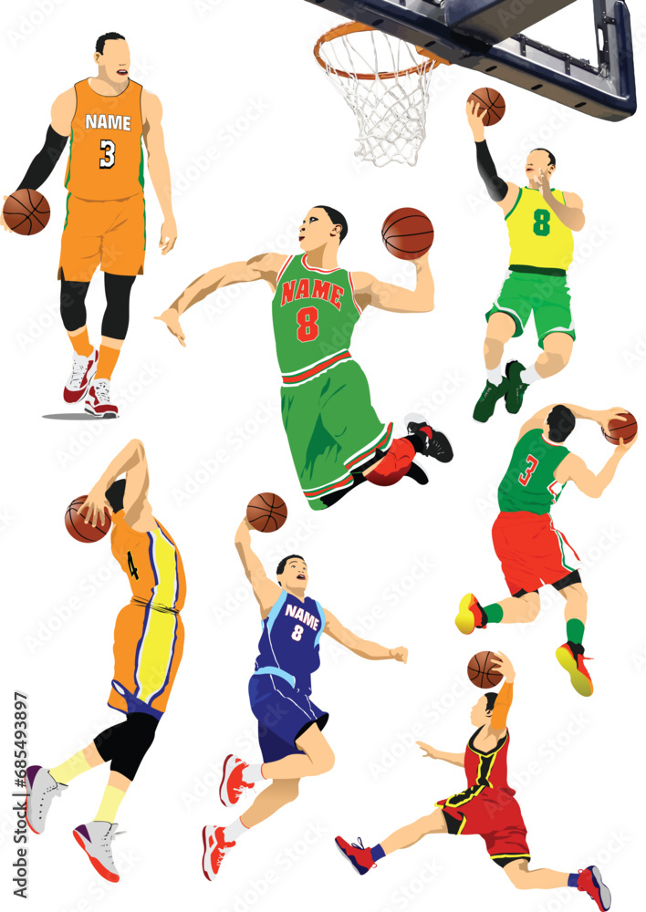 Basketball player poster. Colored Vector 3d illustration for designers. Hand Drawn illuatration