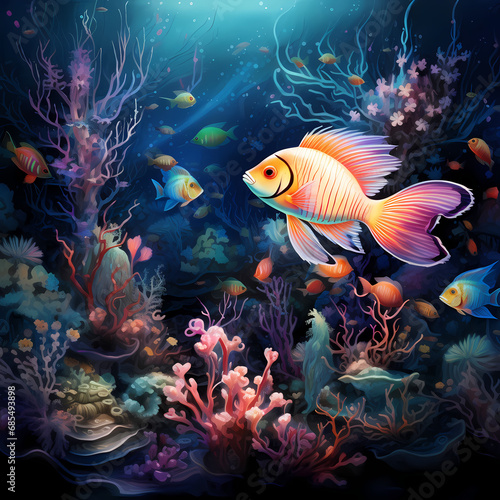 a pattern depicting a spectral and otherworldly symphony of underwater elements, including fish, coral, and plants