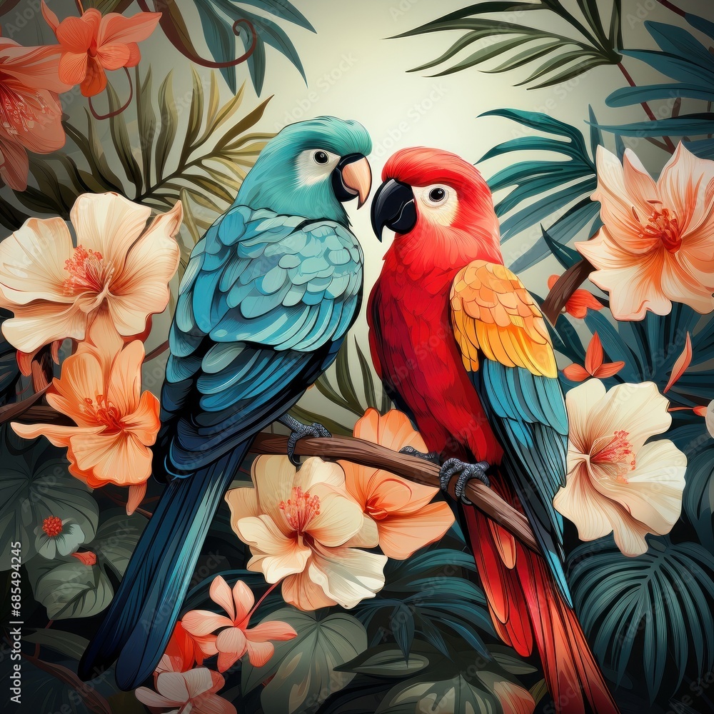 Illustration of two vibrant parrots perched on a blooming branch. Generative AI