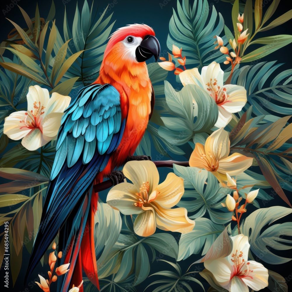 Fototapeta premium Summer Birds and tropical plants seamless pattern background. Generative AI