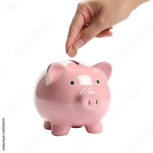 Indian clay piggy bank with human hand finger dropping coin on white background.