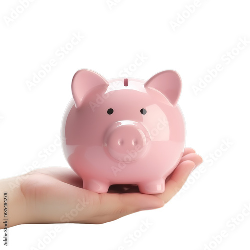 Indian clay piggy bank with human hand finger dropping coin on white background. © PNGstock