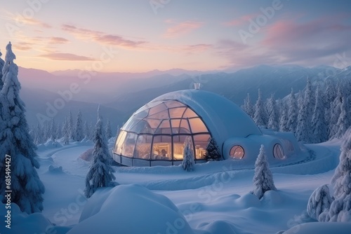 Enchanting Dome Cabin Glowing at Twilight in a Snow-Covered Alpine Forest photo