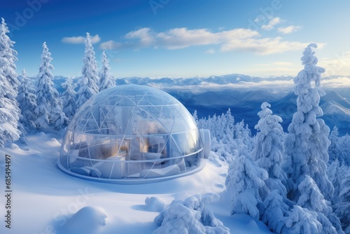 Luxurious Transparent Dome Nestled Among Snow-Laden Trees with a View of Distant Mountains