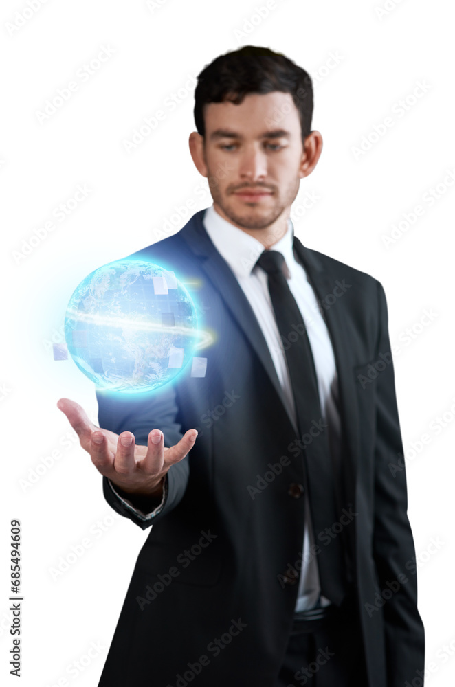 Professional man, 3d hologram and global network connection, world expansion or worldwide innovation. Virtual Earth globe, planet palm gesture or telecom agent isolated on transparent, png background Professional man, 3d hologram and global network connection, world expansion or worldwide innovation. Virtual Earth globe, planet palm gesture or telecom agent isolated on transparent, png background