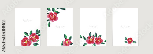 水彩画。水彩タッチの椿イラスト。椿の和風テンプレート。椿のイラストを使ったポストカードセット。Watercolor painting. Camellia illustration with watercolor touch. Japanese style template of camellia. Postcard set with camellia illustration.