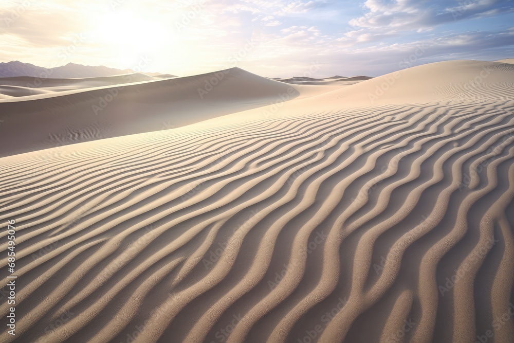 Dawn over the Smooth Sand Dunes with Rippling Patterns in the Desert