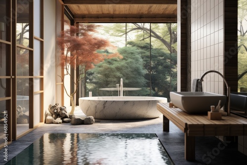 Japanese Primary Bathroom Interior Setting with Stone Bathtub and Garden Views, Wood Ceiling © Bryan