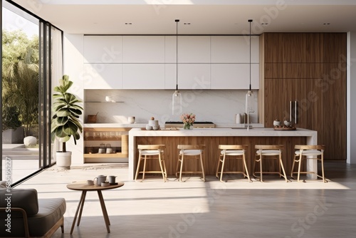 White Sleek Modern Kitchen with Wood Accents and Integrated Living Space