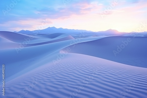 Beautiful White Sand Dunes During Blue Hour in Winter, Sand Ripple Texture and Mountain Views photo