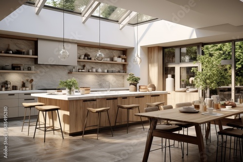 Natural Clean Kitchen with Skylights, Featuring a Spacious Island, Modern Bar Stools, Open Shelving, and a Cozy Dining Area, Perfect for Family Gatherings and Entertaining Guests