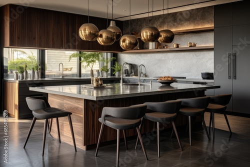 Contemporary Chef Kitchen with Metallic Accents and Large Central Island Seating, Gold Pendant Lights © Bryan