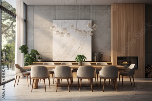 Peaceful Modern Dining Room with Fireplace, Elegant Lighting, and Wooden Finish, Beautiful Light Fixture
