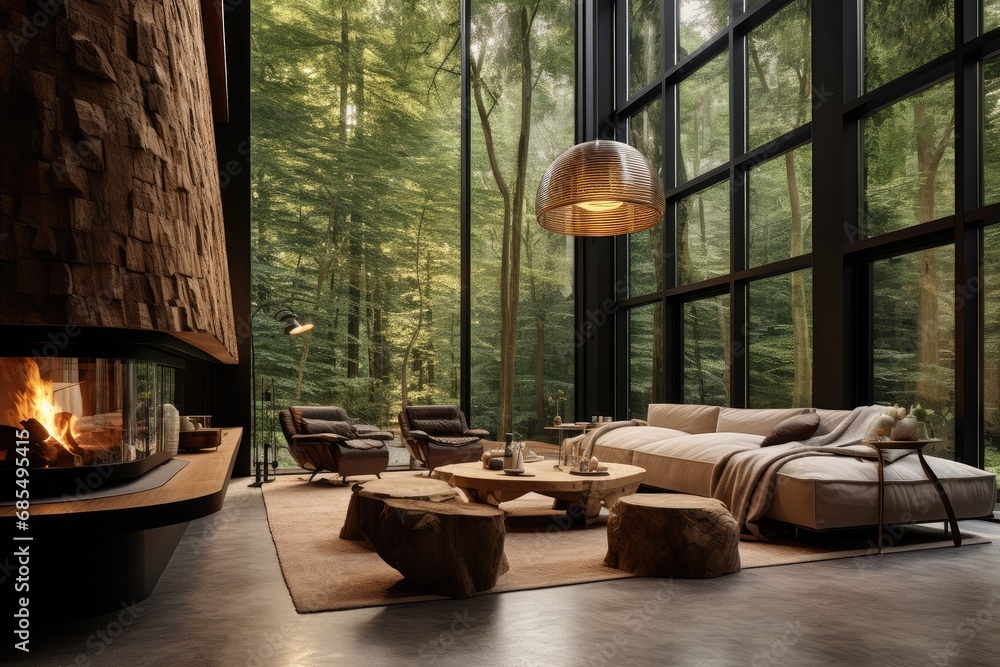 Luxury Cabin Living Room with a Modern Fireplace, Plush Seating, and Panoramic Windows Overlooking a Dense Forest, Perfect for a Nature-Inspired Retreat