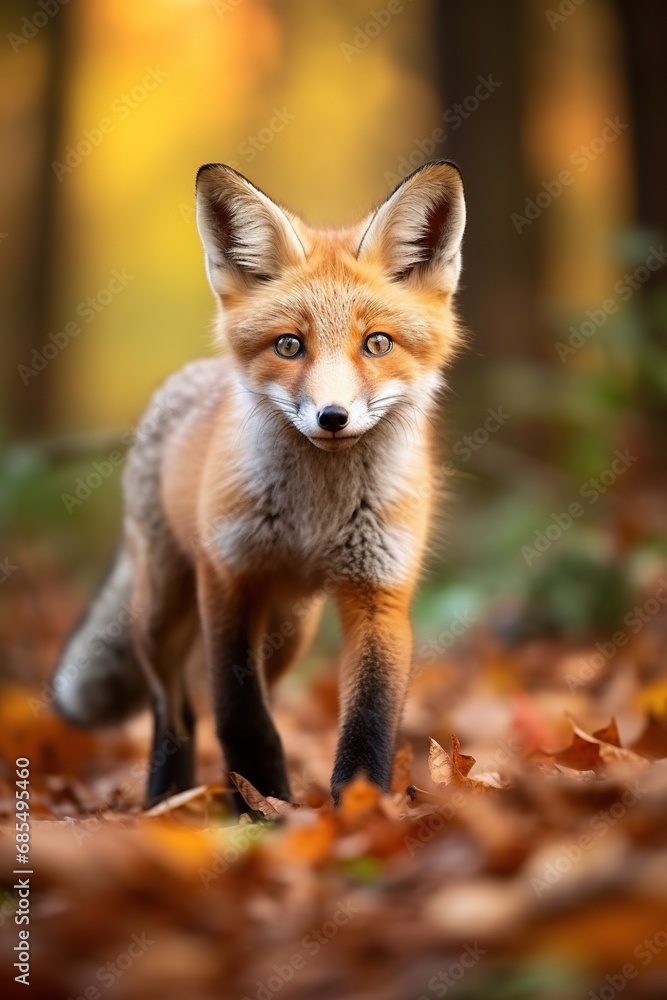 Red fox in the autumn forest. Beautiful wild animal in nature.