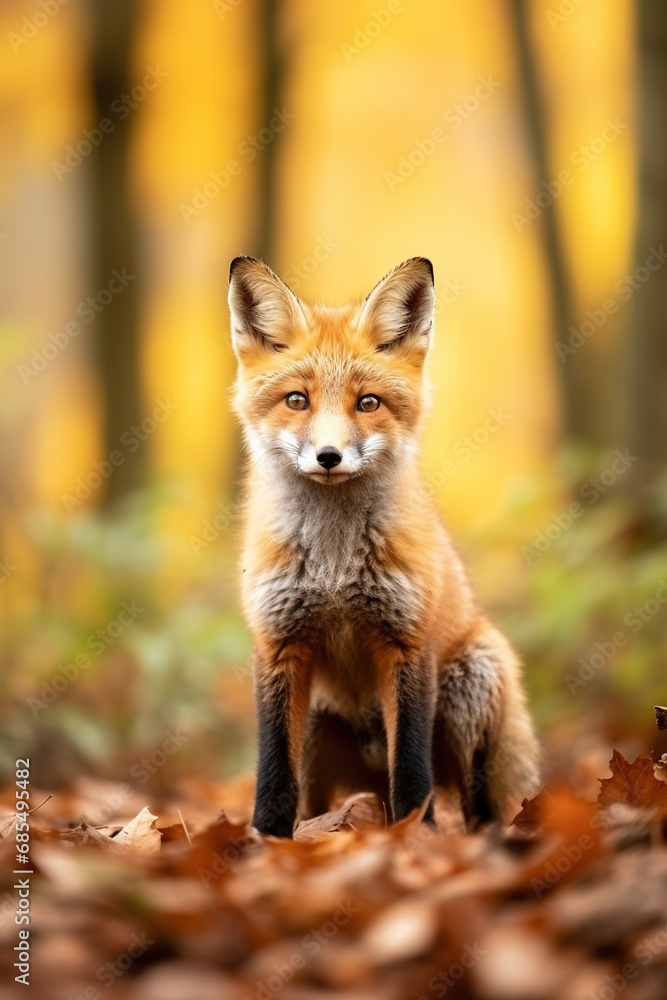 Red fox in the autumn forest. Beautiful wild animal in nature. Red fox in the autumn forest. Beautiful wild animal in nature.