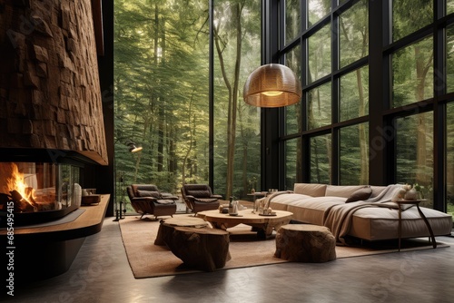 Luxury Cabin Living Room with a Modern Fireplace, Plush Seating, and Panoramic Windows Overlooking a Dense Forest, Perfect for a Nature-Inspired Retreat © Bryan