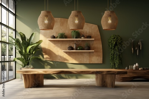 Natural Wood-Themed Dining Space with Handcrafted Wooden Table and Benches, Pendant Lights, and Lush Indoor Plants Against a Sage Green Wall for a Rustic Modern Interior photo