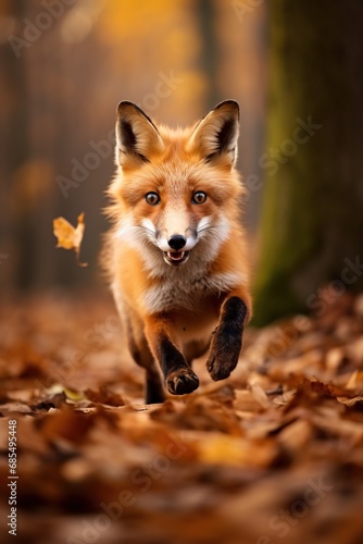 Red fox in the autumn forest. Beautiful wild animal in nature.