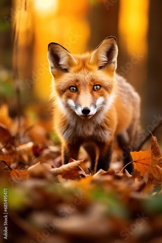 Red fox in the autumn forest. Beautiful wild animal in nature.