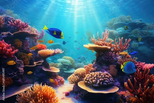 Sunlight Piercing Through the Ocean s Surface to Illuminate a Lively Coral Reef Teeming with Tropical Fish and Diverse Marine Flora  Reflecting a Healthy Underwater Ecosystem