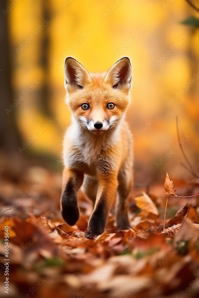 Red fox in the autumn forest. Beautiful wild animal in nature. Red fox in the autumn forest. Beautiful wild animal in nature.