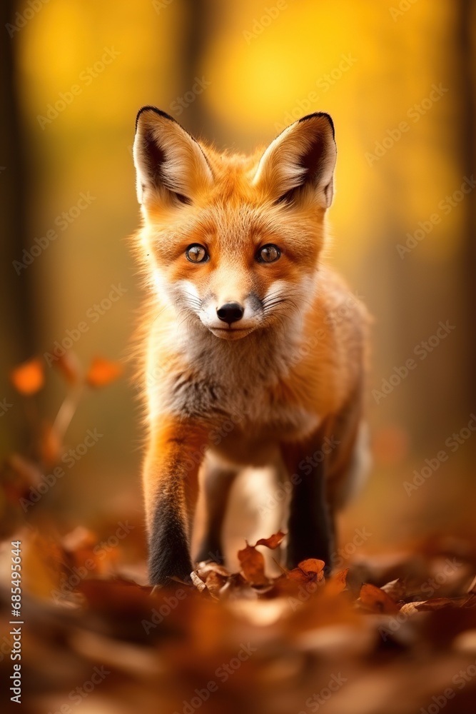 Red fox in the autumn forest. Beautiful wild animal in nature. Red fox in the autumn forest. Beautiful wild animal in nature.