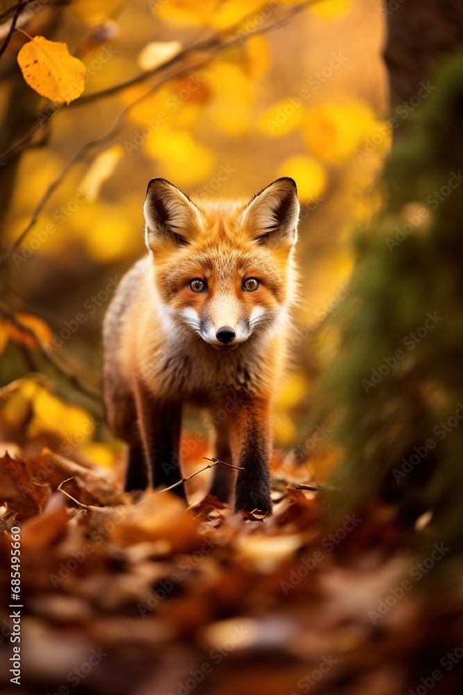 Red fox in the autumn forest. Beautiful wild animal in nature.