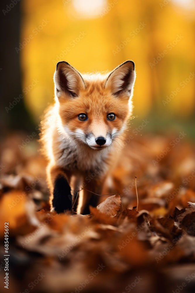 Obraz premium Red fox in the autumn forest. Beautiful wild animal in nature.