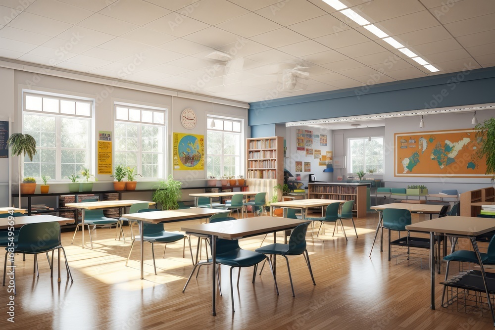 Sunny and Spacious Classroom Interior with Educational Posters, Multiple Desks for Students, Large Windows Providing Natural Light