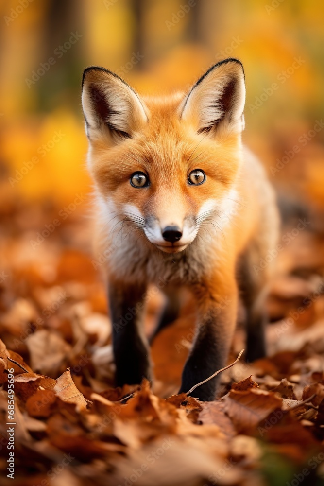 Red fox in the autumn forest. Beautiful wild animal in nature. Red fox in the autumn forest. Beautiful wild animal in nature.