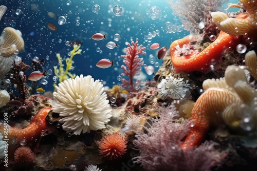  Lively Underwater Scene of a Coral Reef Teeming with Life  Including Anemones  Schools of Jellyfish  and a Rich Array of Corals  Showcasing Biodiversity and the Beauty of Marine Ecosystems