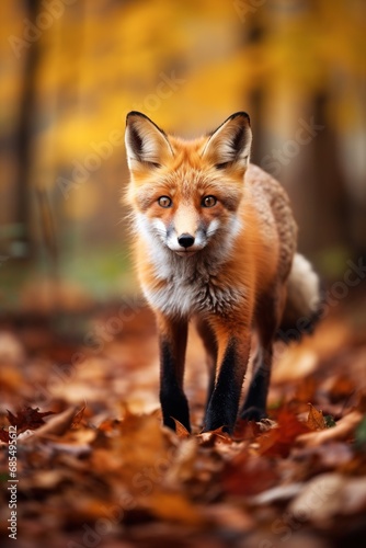 Red fox in the autumn forest. Beautiful wild animal in nature.