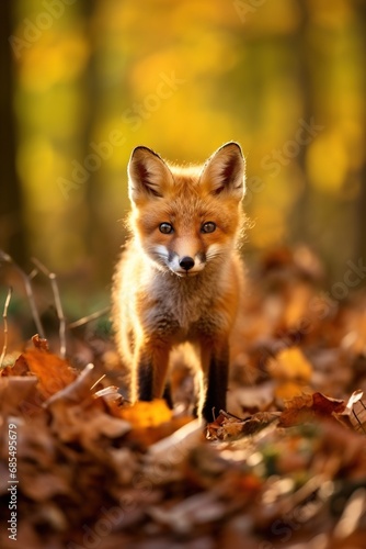 Red fox in the autumn forest. Beautiful wild animal in nature. © Rudsaphon