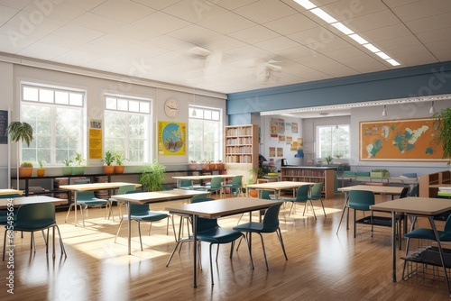 Sunny and Spacious Classroom Interior with Educational Posters  Multiple Desks for Students  Large Windows Providing Natural Light