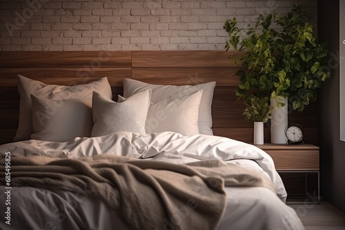 Earth-Toned Bedding with Multiple Pillows Against a Wooden Headboard, Complemented by A Small Potted Plant, Brick Wall